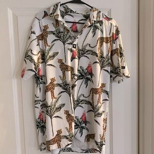 NWOT, Bad Birdie Polo with Leopard and Palm Trees